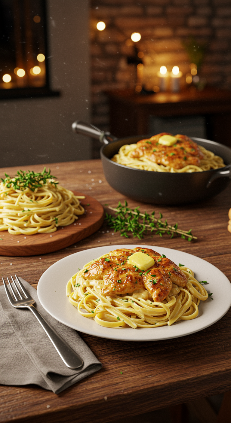 A plate of creamy cowboy butter chicken linguine, with tender chicken pieces and rich sauce on a rustic wooden table in a cozy home setting, styled with herbs and warm lighting, perfect for a comforting dinner.