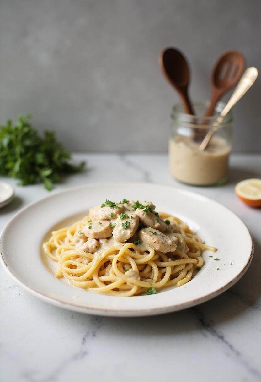 A plate of creamy cowboy butter chicken linguine presented in a modern kitchen setting, with tender chicken and rich sauce over noodles, styled on a clean countertop with fresh herbs and kitchen utensils nearby.