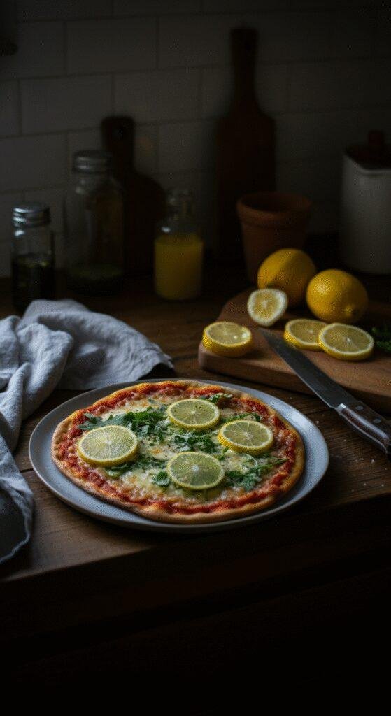 A Zesty Lemon Pizza presented on a wooden table in a home kitchen, topped with lemon slices and herbs, showcasing a fresh and flavorful twist on pizza with cozy, inviting ambiance.