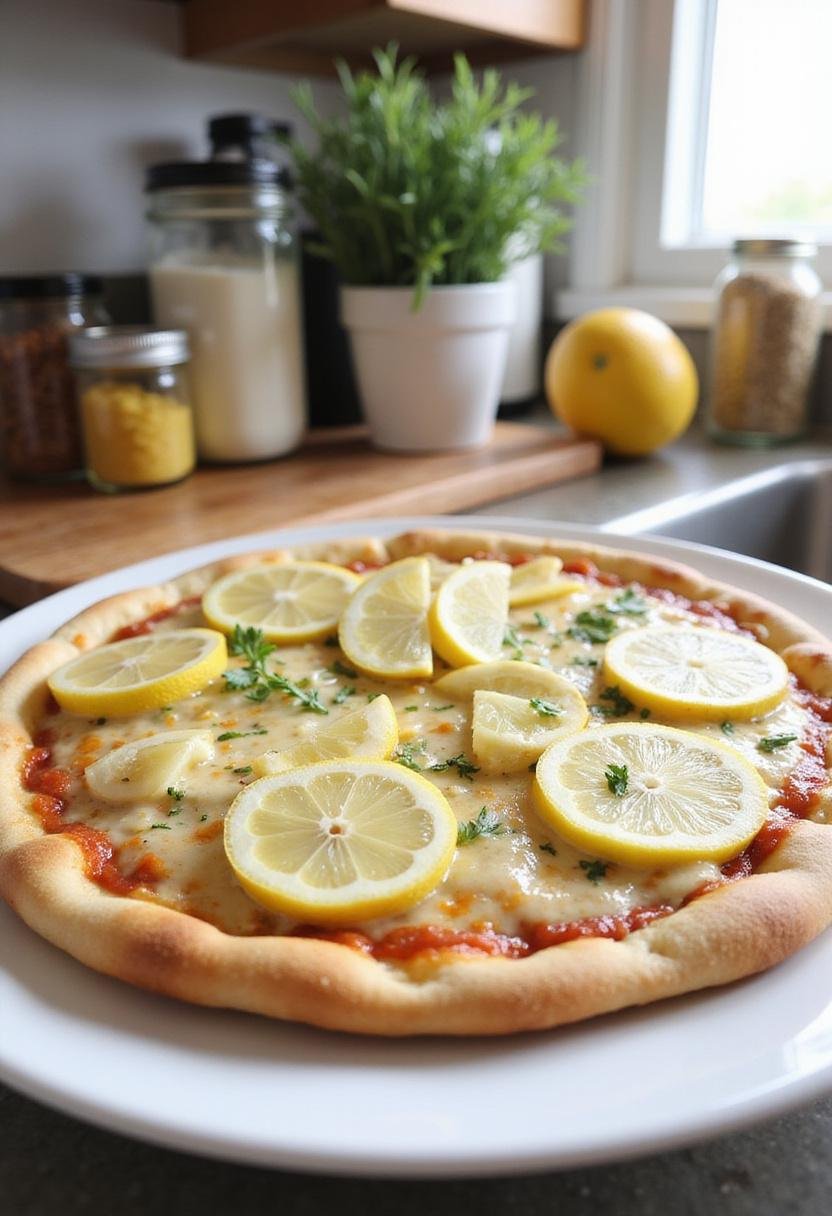 A Zesty Lemon Pizza served on a white plate in a kitchen setting with ingredient jars and a lemon in the background, emphasizing a fresh and flavorful pizza presentation within a home kitchen environment.