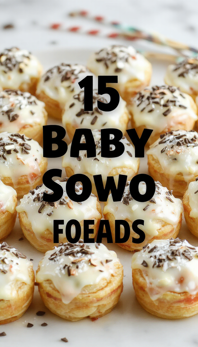 A beautifully arranged table featuring 15 adorable and delicious winter-themed baby shower foods, including mini sandwiches, festive desserts, and cozy hot drinks.