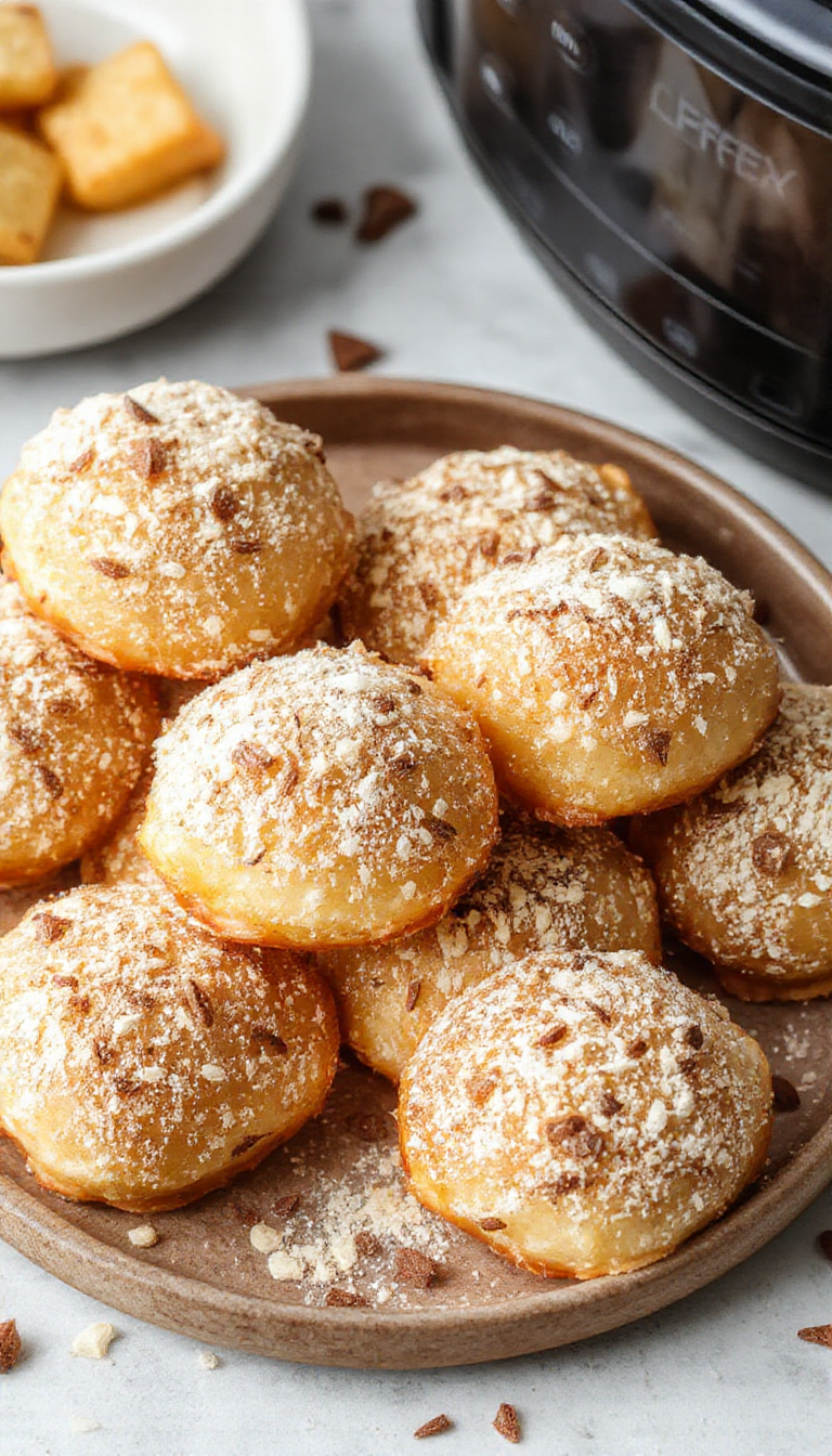 Golden crispy Air Fryer Churro Bites coated with cinnamon sugar on a white plate