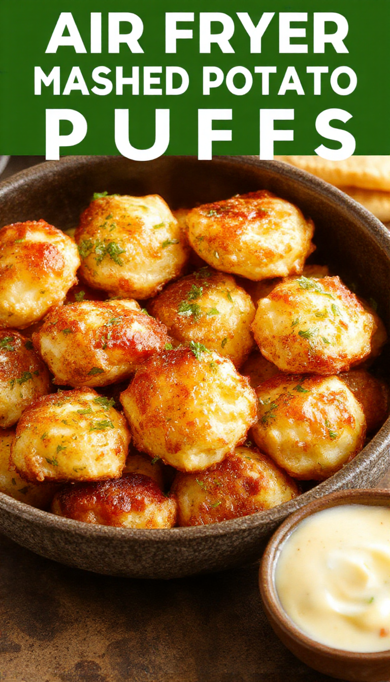 GoldenAir Fryer Mashed Potato Puffs with melted cheese and crispy exterior served on a white plate.