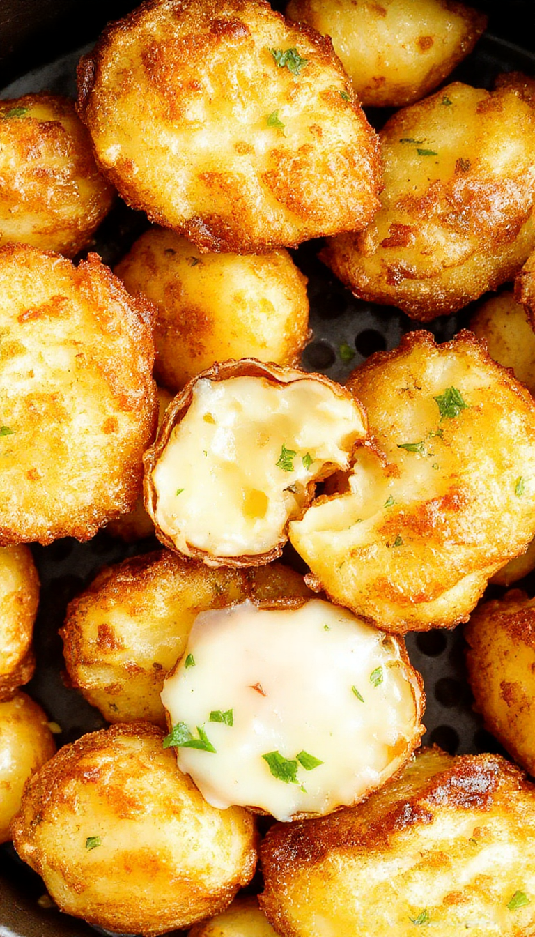 Golden Air Fryer Potato Puffs with cheesy filling served on a plate