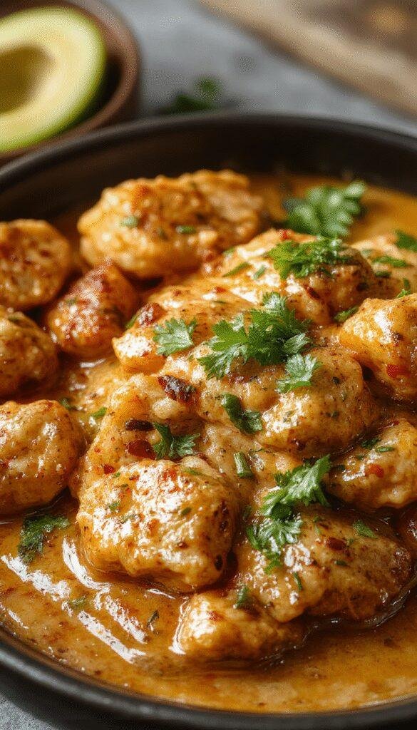 A vibrant plate of authentic butter chicken garnished with fresh cilantro, served alongside basmati rice and naan bread.