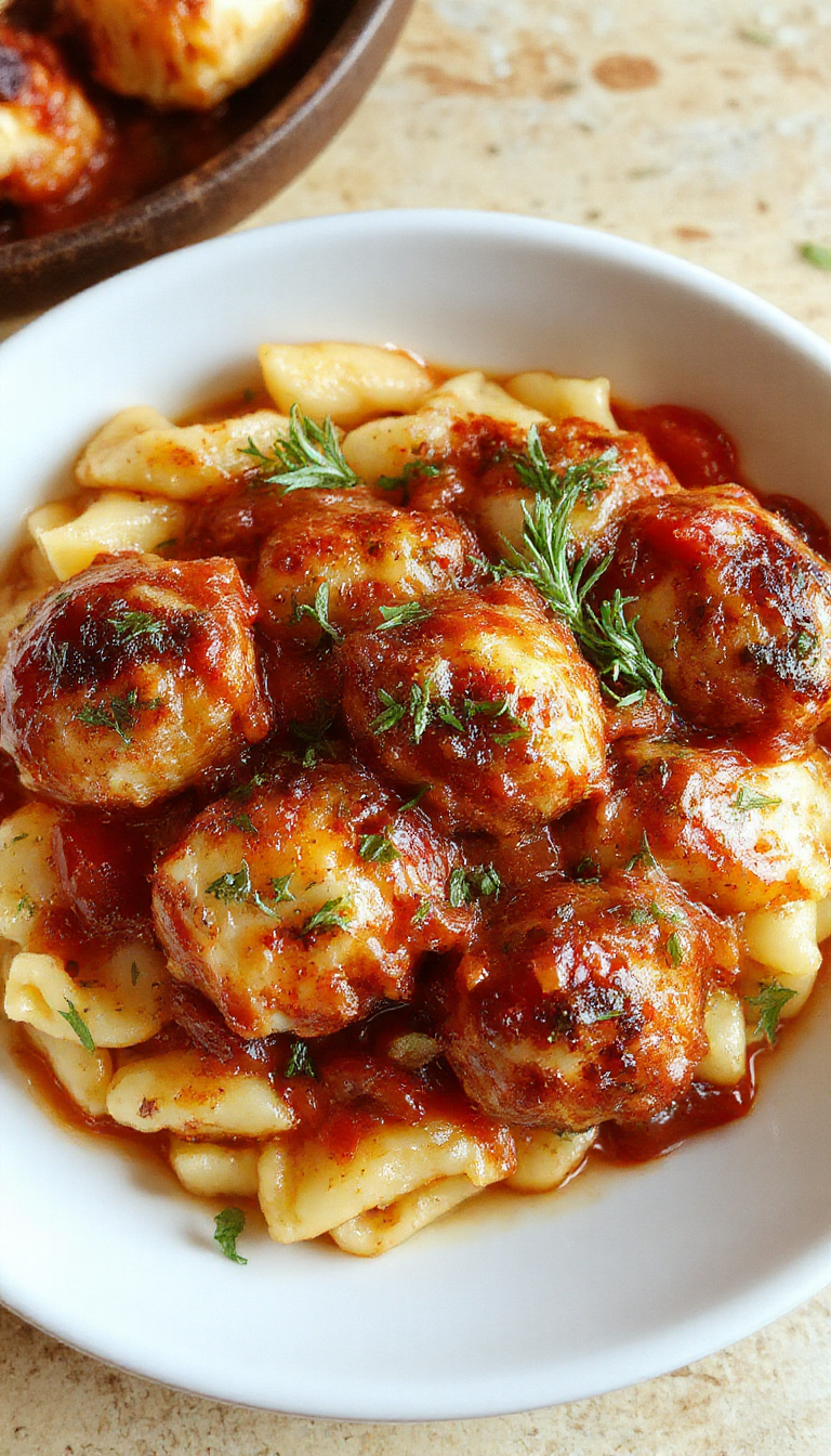 A plate of golden baked rosemary chicken meatballs served alongside colorful tomato orzo pasta on a rustic wooden table.