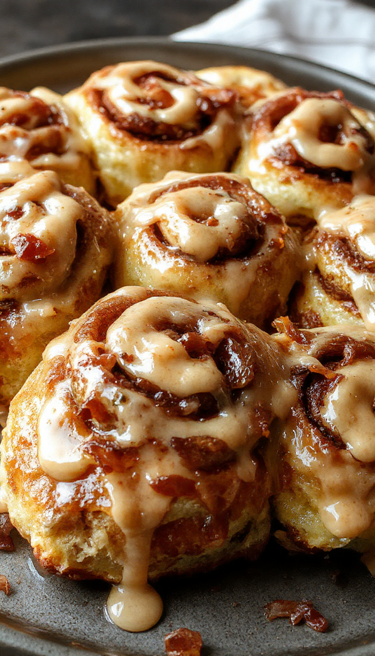 A tray of Bourbon Maple Bacon Cinnamon Rolls showcasing swirls of cinnamon filling, crispy bacon pieces on top, with a drizzle of maple glaze
