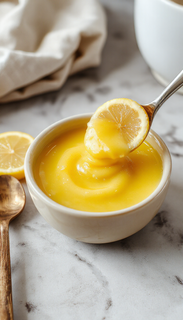 A vibrant jar of bright yellow lemon curd alongside fresh lemons and a spoon, showcasing its creamy texture and zesty color.