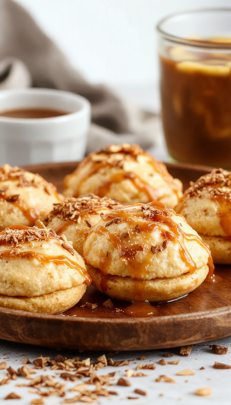 A pair of Cozy Caramel Apple Cider Whoopie Pies with swirls of caramel frosting on top, surrounded by fresh apple slices and cinnamon sticks, set on a rustic wooden table.
