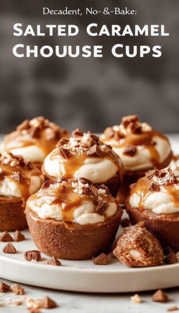 Elegant glass cups filled with rich, creamy chocolate mousse topped with salted caramel drizzle and a sprinkle of sea salt