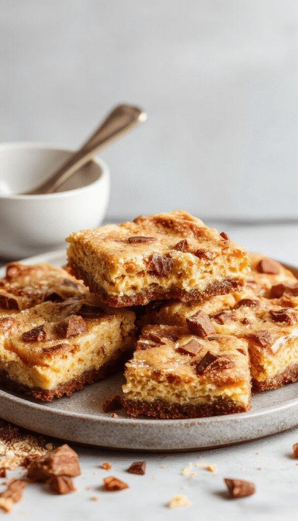 A close-up of vegan pumpkin cheesecake bars with a Biscoff crust, topped with whipped coconut cream and pumpkin seeds on a rustic wooden table.