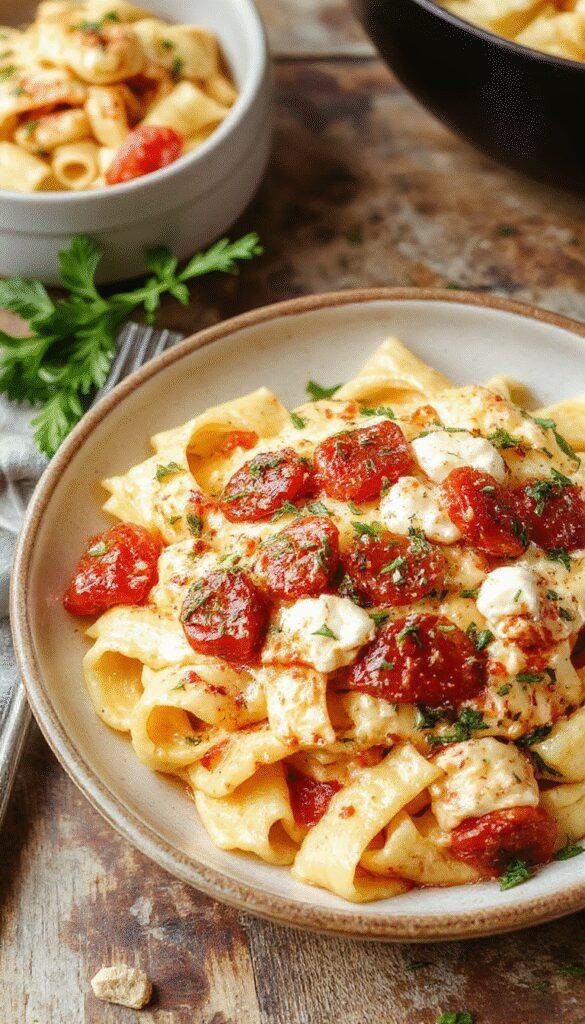 A bowl of creamy tomato ricotta pasta garnished with fresh basil, showcasing a rich, smooth texture and vibrant red color.