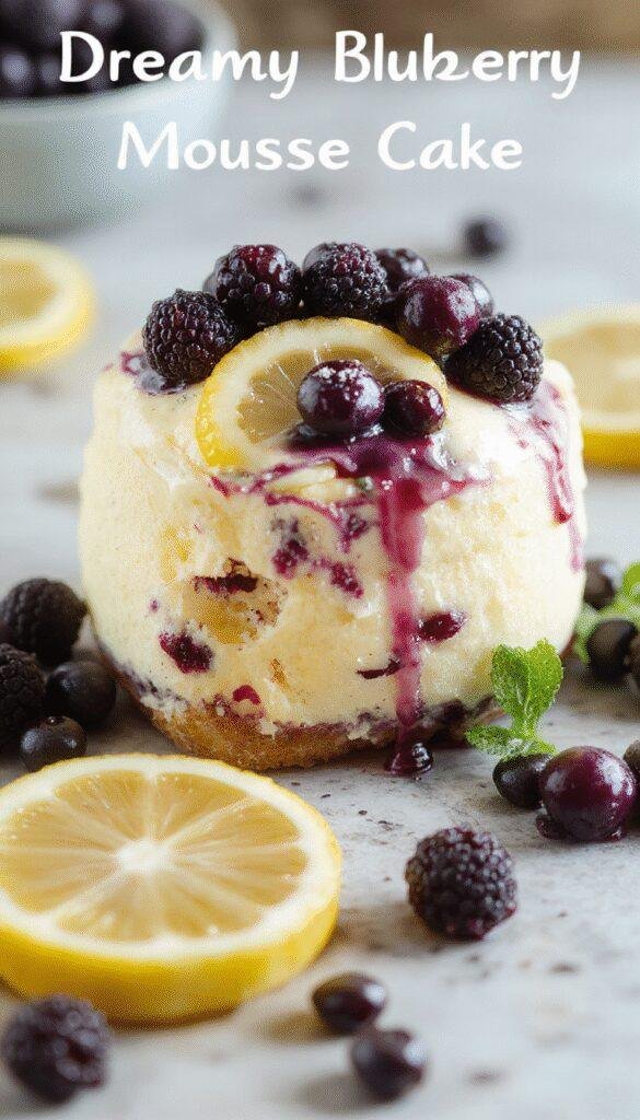 A slice of Dreamy Lemon Blueberry Mousse Cake showcasing layers of vibrant blueberries, lemon mousse, and a whipped topping garnished with fresh fruit