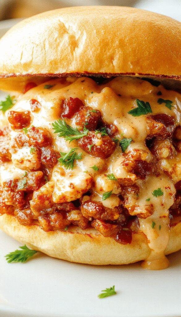 A plate of Easy Creamy Chicken Alfredo Sloppy Joes served on a toasted bun with a side of fresh salad