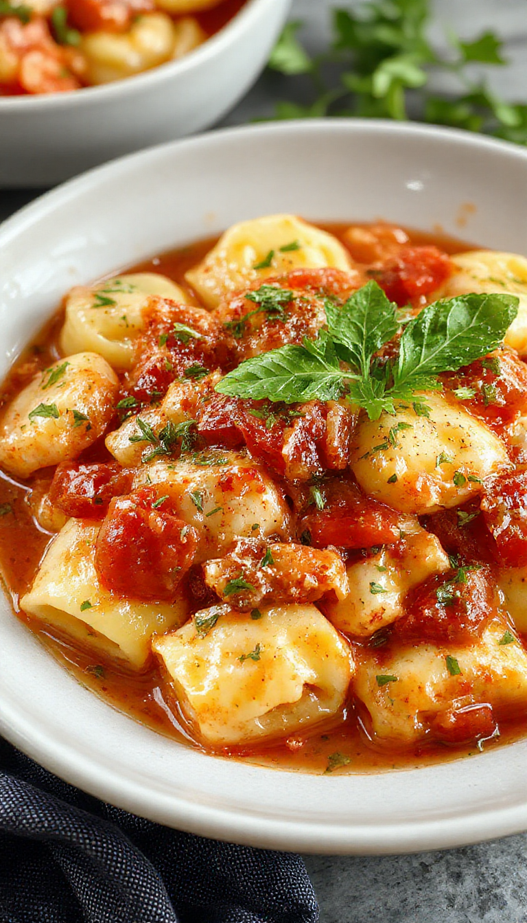 A bowl of creamy tomato tortellini garnished with fresh basil, served with a fork on a rustic wooden table.