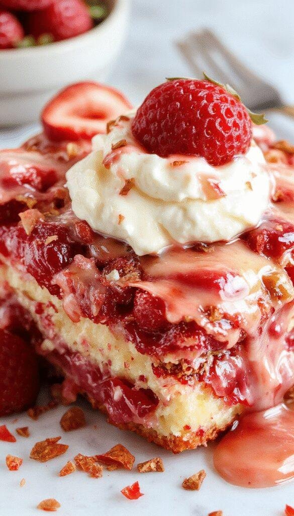 A delicious layered strawberry cheesecake dump cake in a serving dish, topped with fresh strawberries and a dollop of whipped cream.