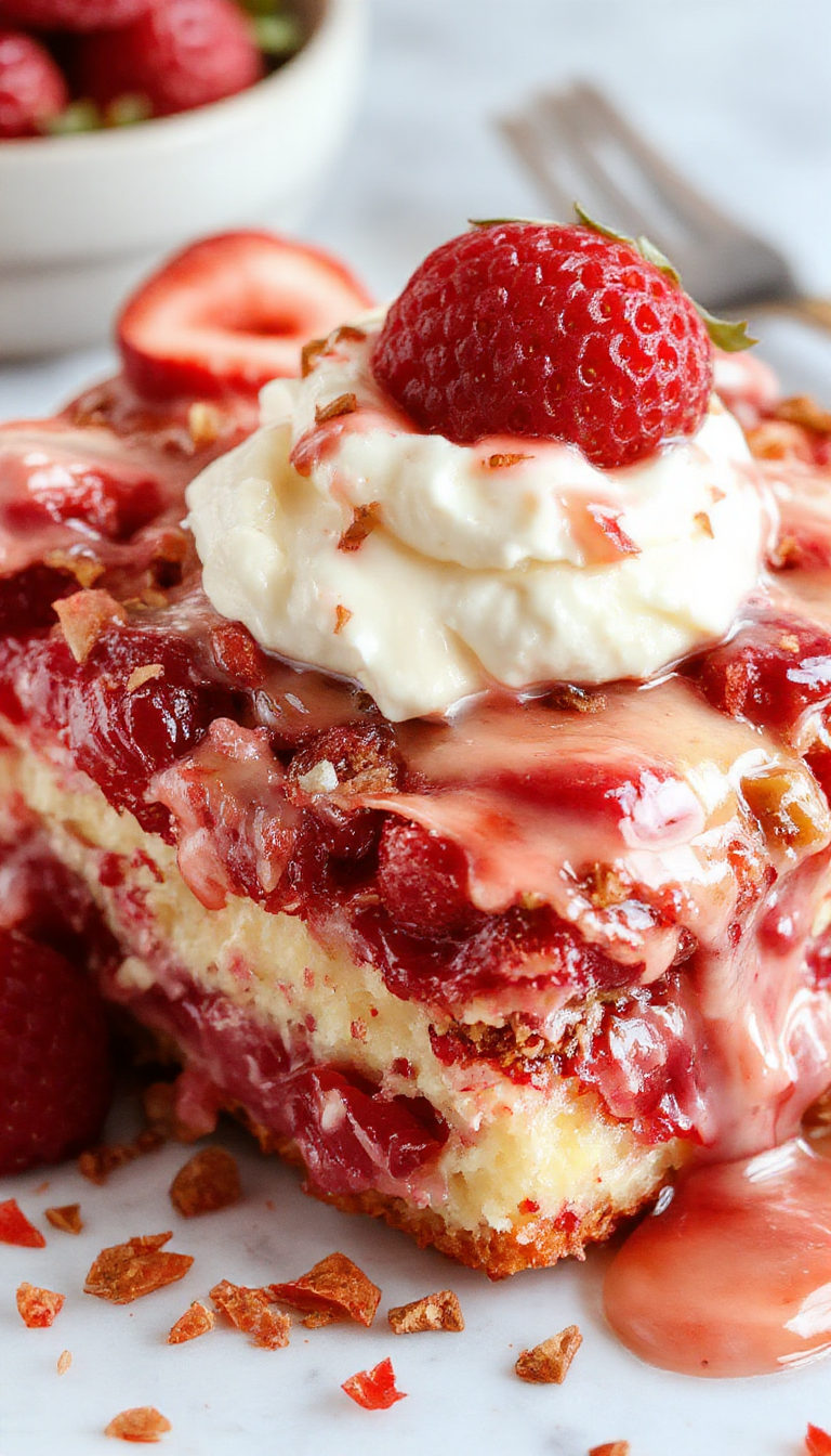 A delicious layered strawberry cheesecake dump cake in a serving dish, topped with fresh strawberries and a dollop of whipped cream.