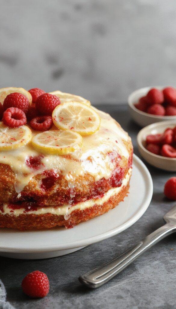 A slices of Easy Lemon Raspberry Cake on a white plate, showing layers of vibrant raspberry filling and lemon-flavored sponge topped with fresh raspberries and lemon zest.