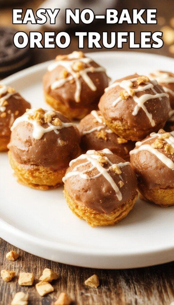 A close-up of creamy pumpkin Oreo truffles coated in chocolate, decorated with orange sprinkles and placed on a decorative plate, perfect for fall dessert.
