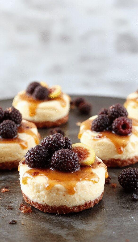 Mini cheesecakes topped with salted caramel, fresh blackberries, and fig slices on a elegant plate