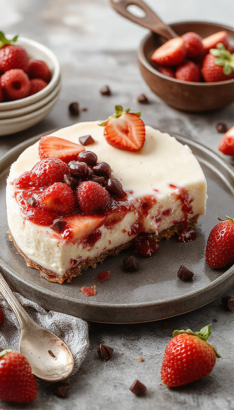 A slice of creamy Easy Strawberry Cheesecake topped with fresh strawberries and a drizzle of berry sauce, set on a decorative plate.