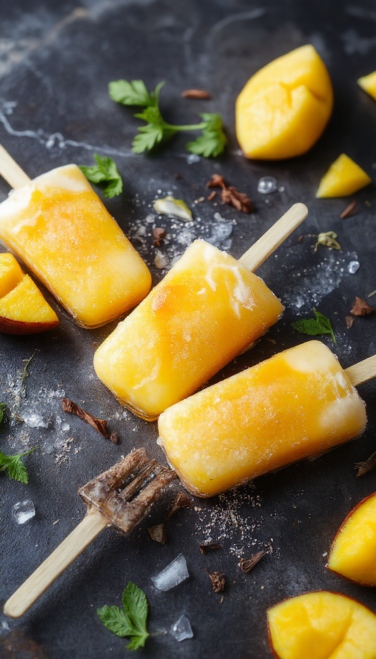 A set of vibrant tropical mango coconut popsicles in clear molds, garnished with fresh mango and shredded coconut on a sunny summer table.