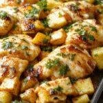A vibrant sheet pan dinner featuring tender Hawaiian chicken with colorful tropical vegetables like pineapple, bell peppers, and red onions arranged on a baking tray.
