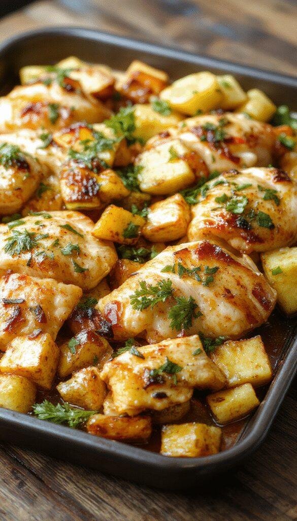 A vibrant sheet pan dinner featuring tender Hawaiian chicken with colorful tropical vegetables like pineapple, bell peppers, and red onions arranged on a baking tray.