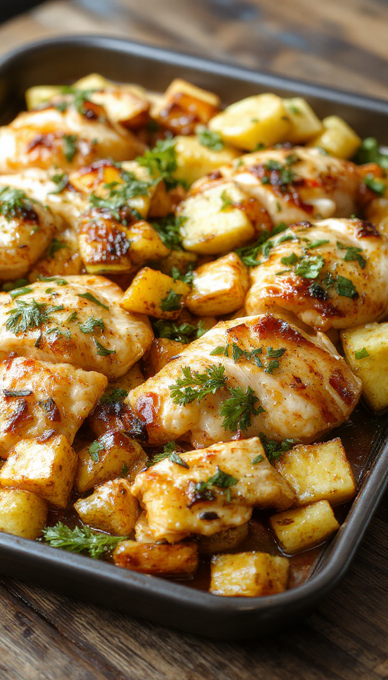 A vibrant sheet pan dinner featuring tender Hawaiian chicken with colorful tropical vegetables like pineapple, bell peppers, and red onions arranged on a baking tray.