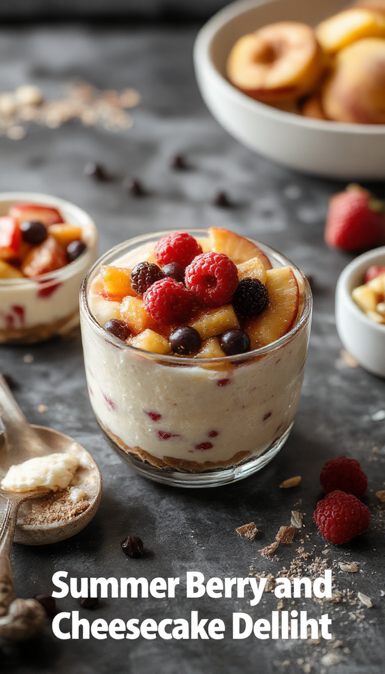 A vibrant no-bake summer berry and peach cheesecake with fresh berries, peach slices, and a graham cracker crust garnished with mint leaves.