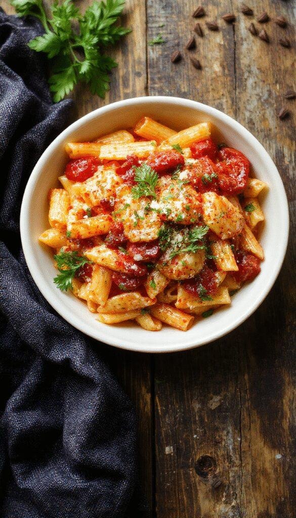 A plate of Fiery Arrabiata Penne featuring al dente pasta coated in spicy tomato sauce, garnished with fresh basil and a sprinkle of red pepper flakes.