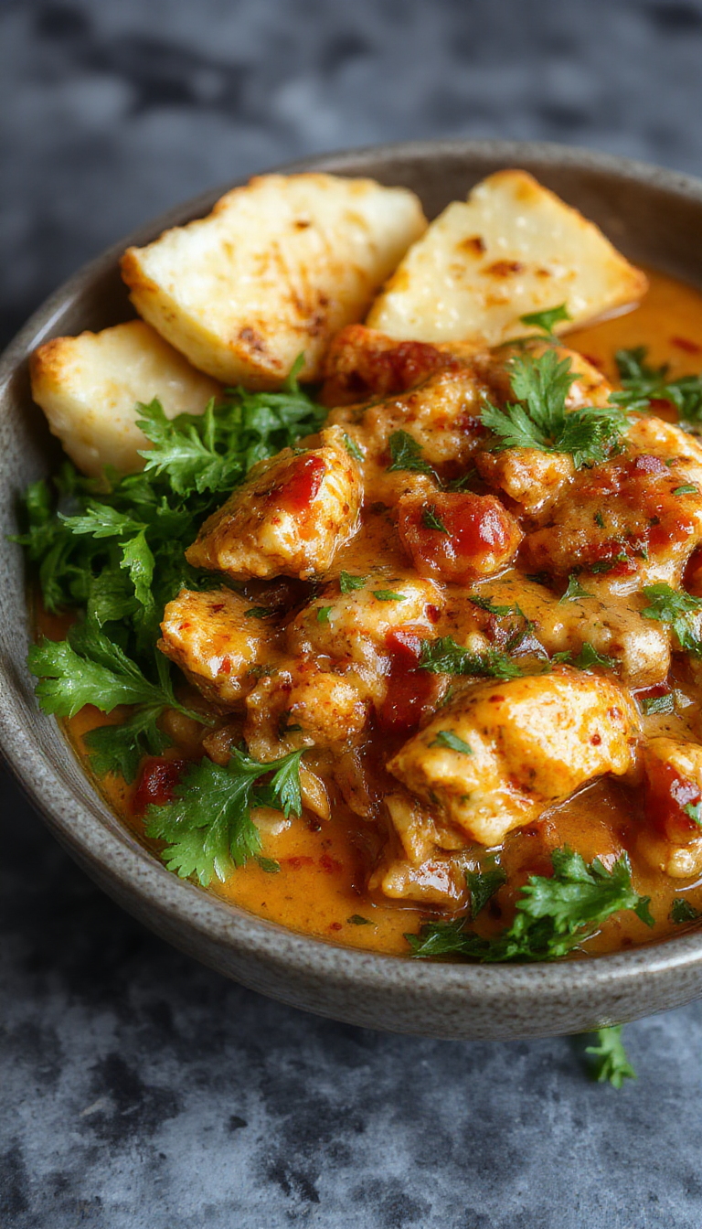 A bowl of Gordon Ramsay's Ultimate Creamy Tikka Masala with tender chicken pieces, garnished with fresh herbs and served with steamed rice.