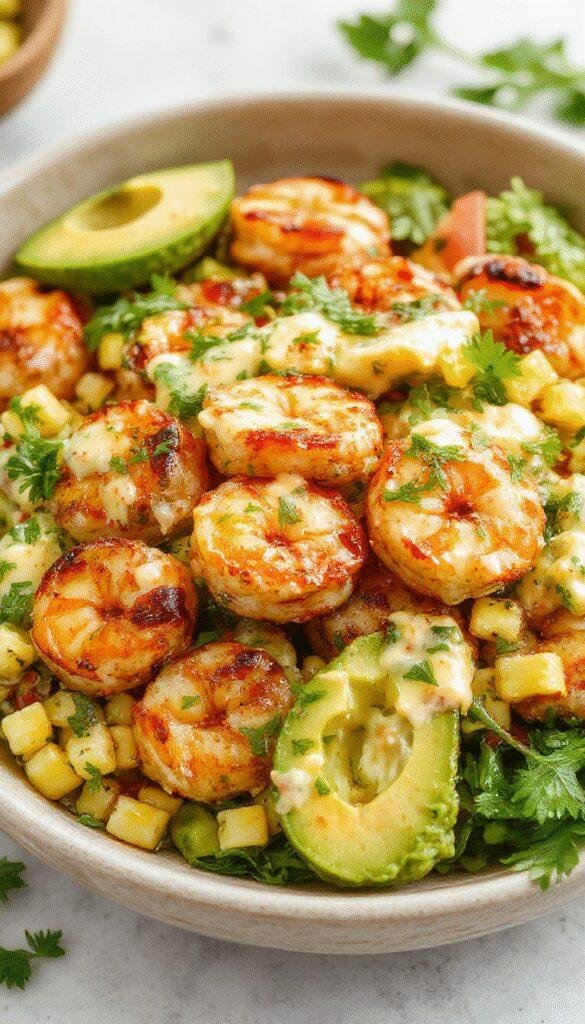 A vibrant bowl featuring grilled shrimp, sliced avocado, and a creamy corn salsa garnished with fresh herbs, all served on a rustic plate.
