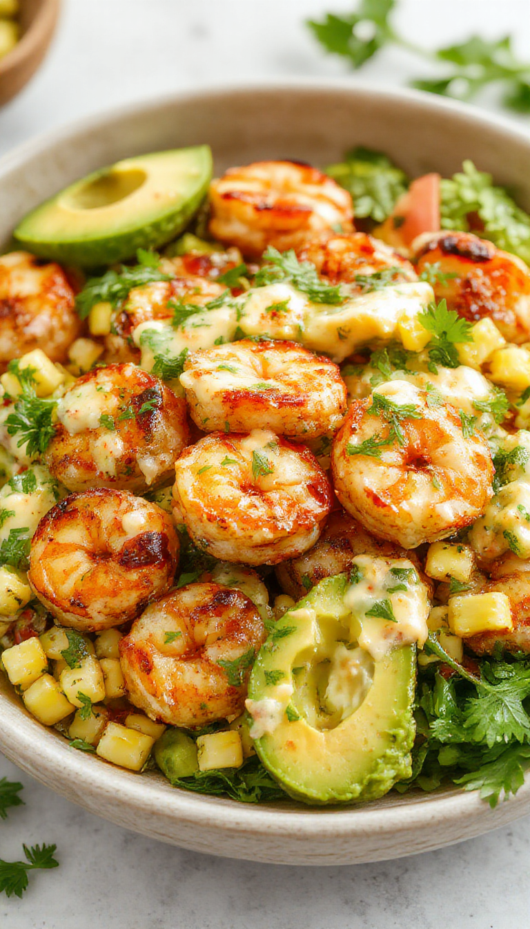 A vibrant bowl featuring grilled shrimp, sliced avocado, and a creamy corn salsa garnished with fresh herbs, all served on a rustic plate.