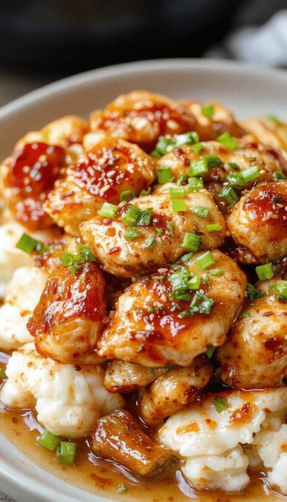 A plate of healthy sesame chicken garnished with sesame seeds and chopped green onions, served with steamed vegetables and rice.