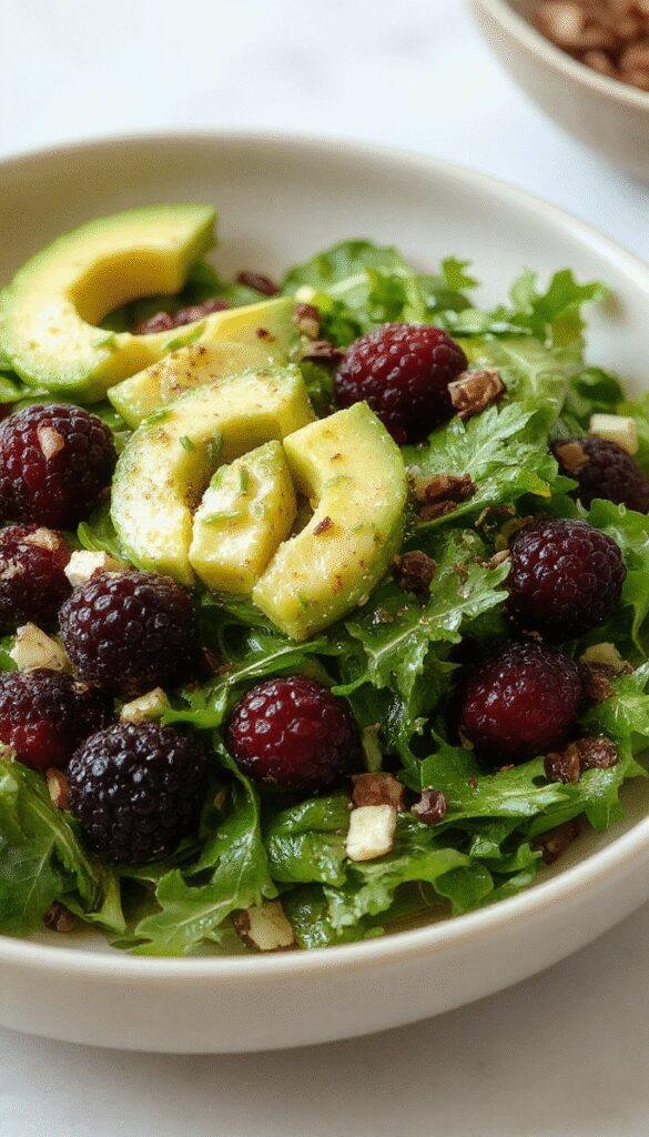 A vibrant summer salad featuring fresh blackberries, creamy avocado slices, and peppery arugula leaves in a clear glass bowl.