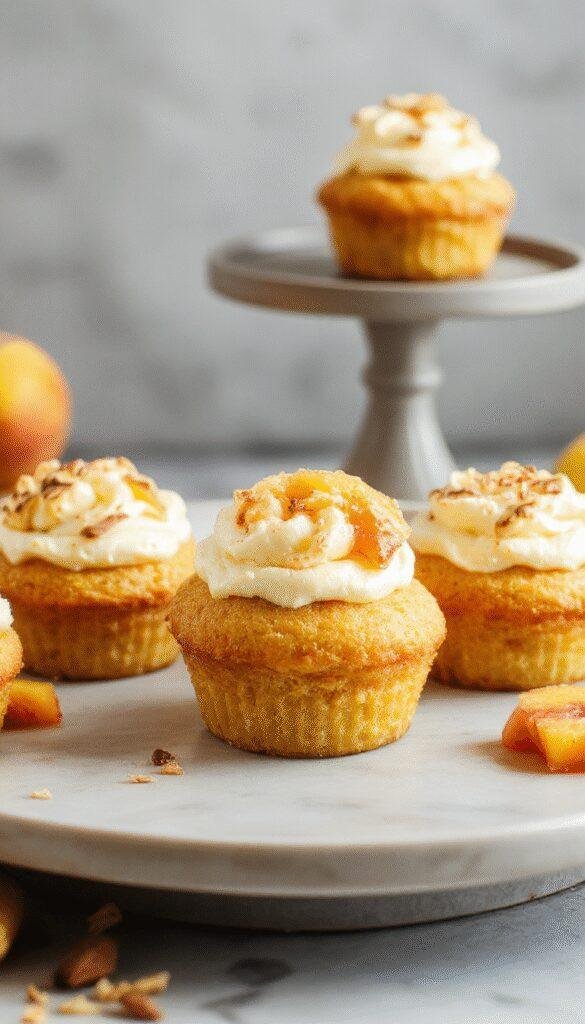 Delicious Honey Peach Cream Cheese Cupcakes topped with fresh peach slices and a drizzle of honey, set on a summer picnic table.