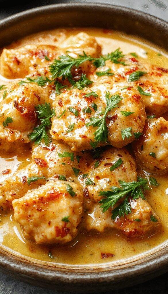 A plate of golden-brown butter chicken garnished with fresh herbs and served with steaming basmati rice and naan bread.