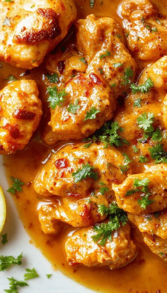 A plate of rich, creamy homemade butter chicken garnished with fresh cilantro and served with basmati rice and naan bread.