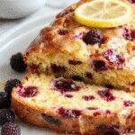 A freshly sliced Lemon Blueberry Yogurt Loaf on a rustic wooden cutting board, garnished with lemon zest and fresh blueberries, with a cup of tea nearby.