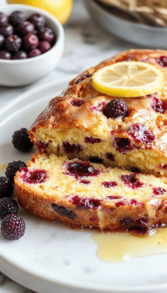 A freshly sliced Lemon Blueberry Yogurt Loaf on a rustic wooden cutting board, garnished with lemon zest and fresh blueberries, with a cup of tea nearby.