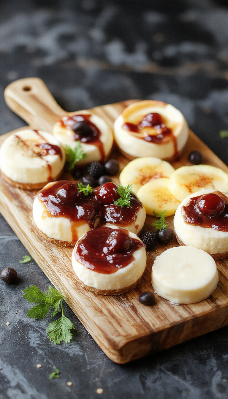 A colorful mini cheesecake board featuring an assortment of mini cheesecakes, fresh berries, and garnishes arranged elegantly on a wooden platter