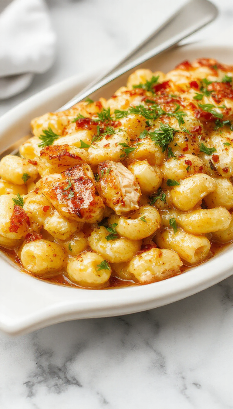 A creamy bowl of Naomi's Honey Pepper Chicken Mac & Cheese topped with crispy chicken pieces and garnished with fresh herbs.