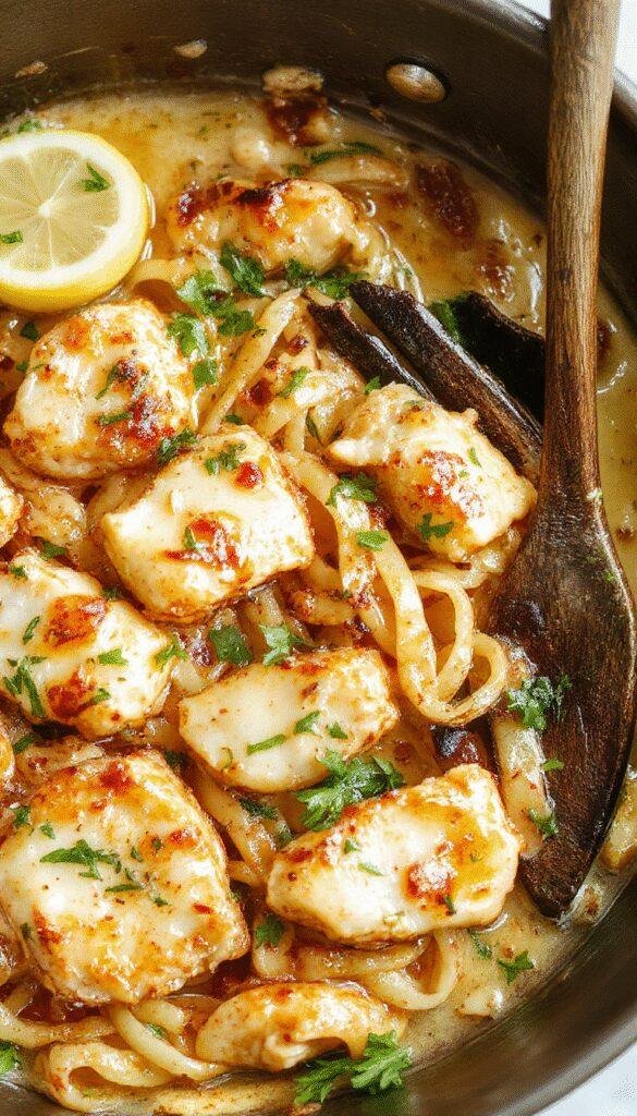 A delicious serving of One-Pan Cowboy Butter Chicken Linguine on a rustic wooden table, garnished with fresh herbs and a lemon wedge