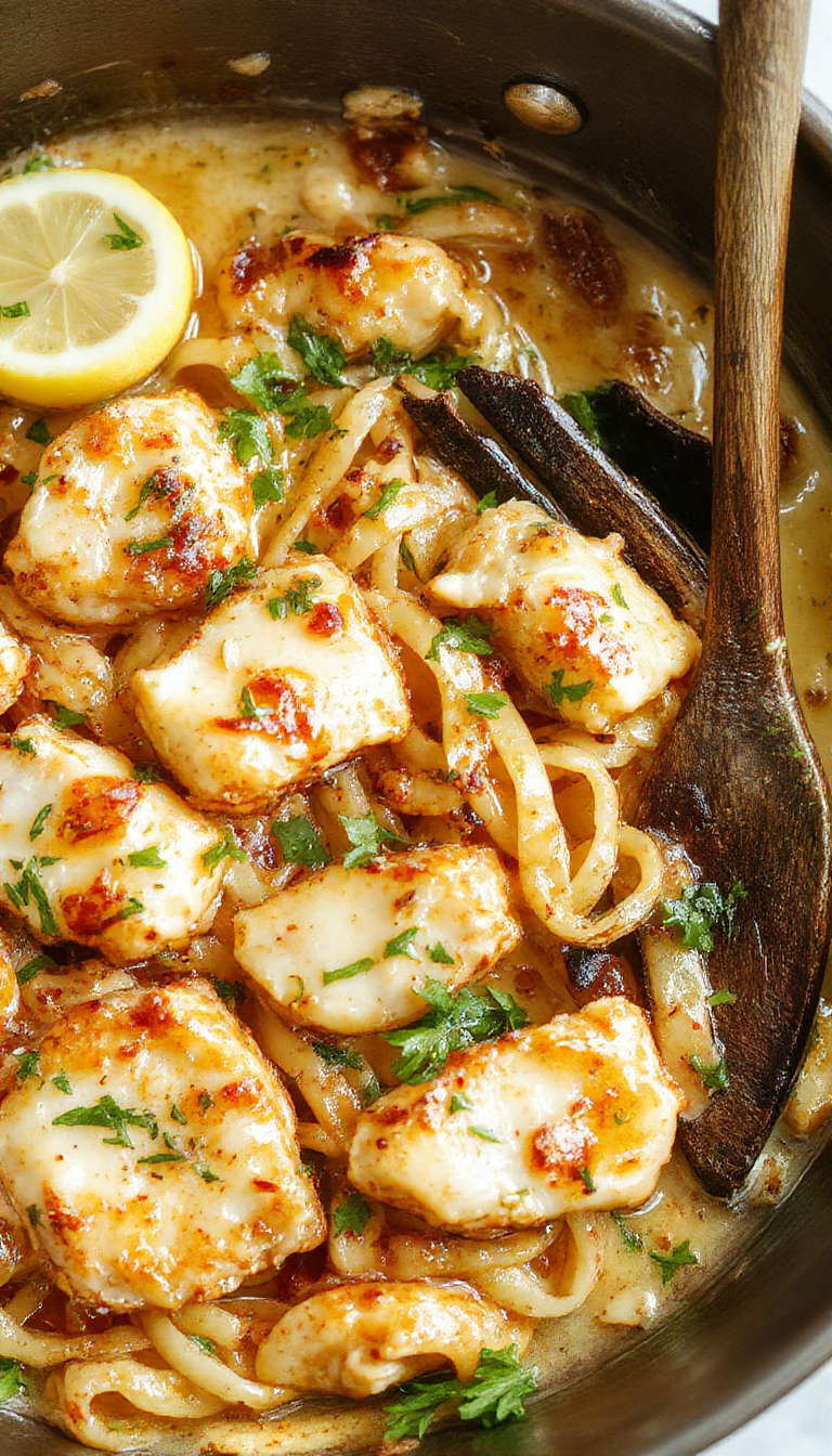 A delicious serving of One-Pan Cowboy Butter Chicken Linguine on a rustic wooden table, garnished with fresh herbs and a lemon wedge
