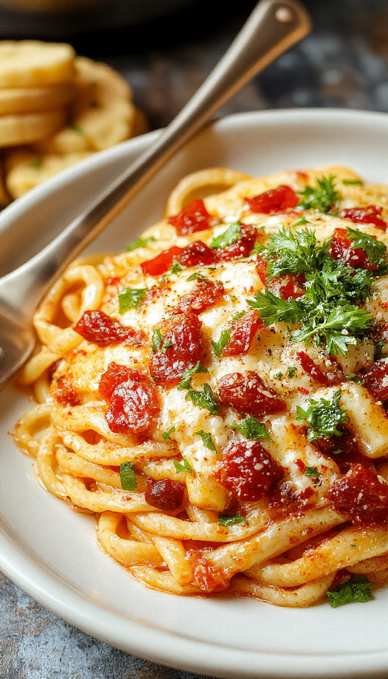 A plate of Pasta Queen's Viral Assassin's Spaghetti topped with fresh herbs, showcasing a cheesy-free, flavorful pasta dish with vibrant ingredients.