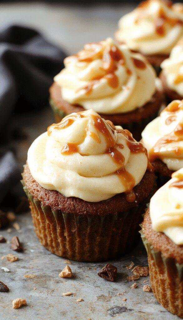 Delicious pumpkin cupcakes topped with salted caramel cream cheese frosting, garnished with a sprinkle of cinnamon and a caramel drizzle.