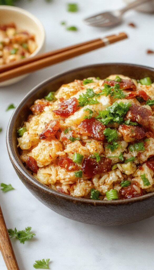 A sizzling skillet of golden crispy bacon pieces mixed with fluffy fried rice, garnished with green onions on a rustic wooden table.