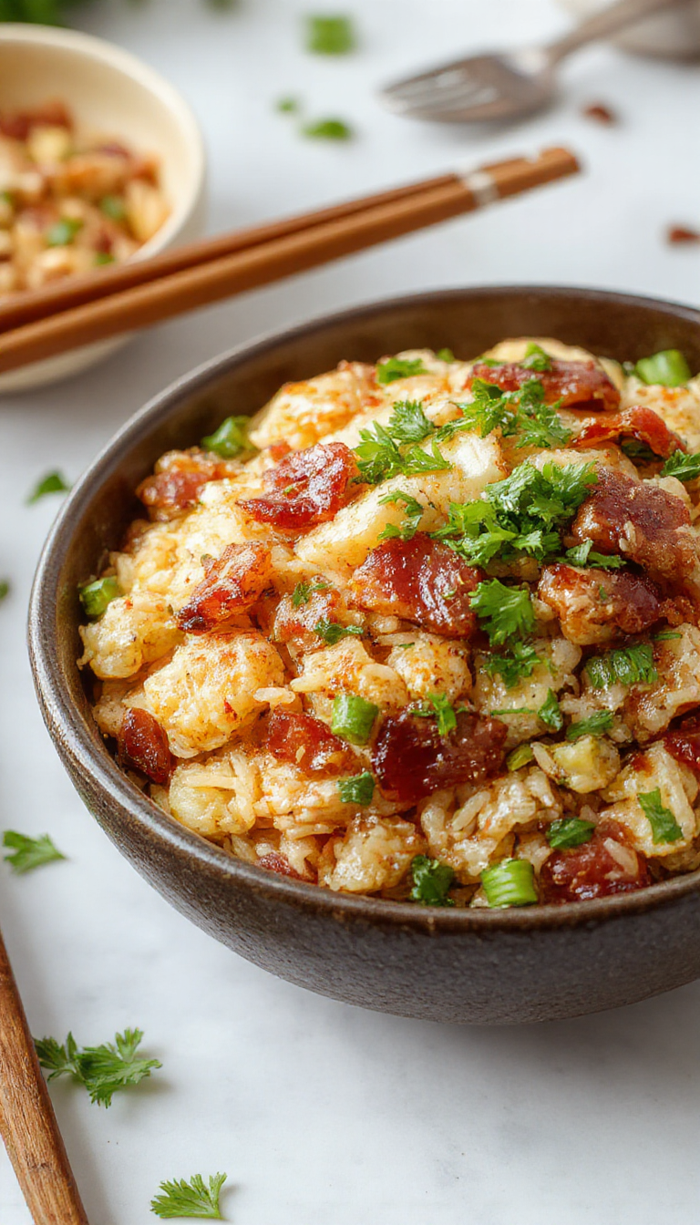 A sizzling skillet of golden crispy bacon pieces mixed with fluffy fried rice, garnished with green onions on a rustic wooden table.