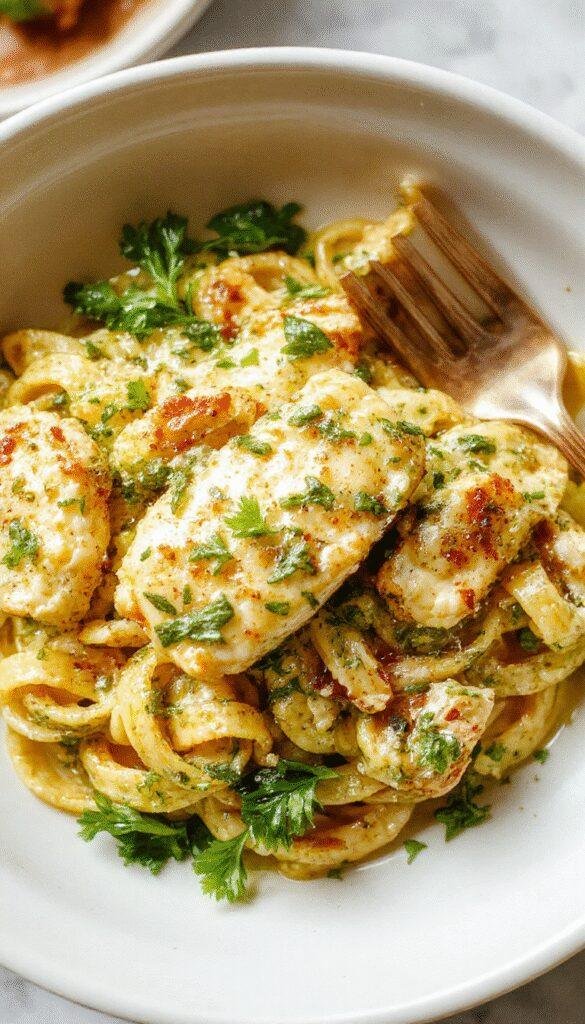 A plate of creamy pesto chicken pasta garnished with fresh basil and cherry tomatoes, served on a rustic wooden table.